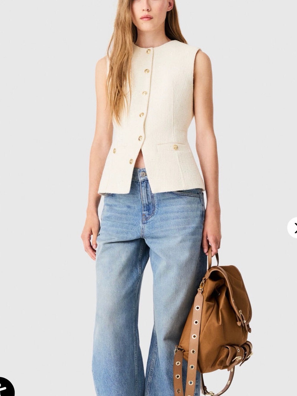 NWT Maje long fitted cotton tweed waistcoat vest in white, small